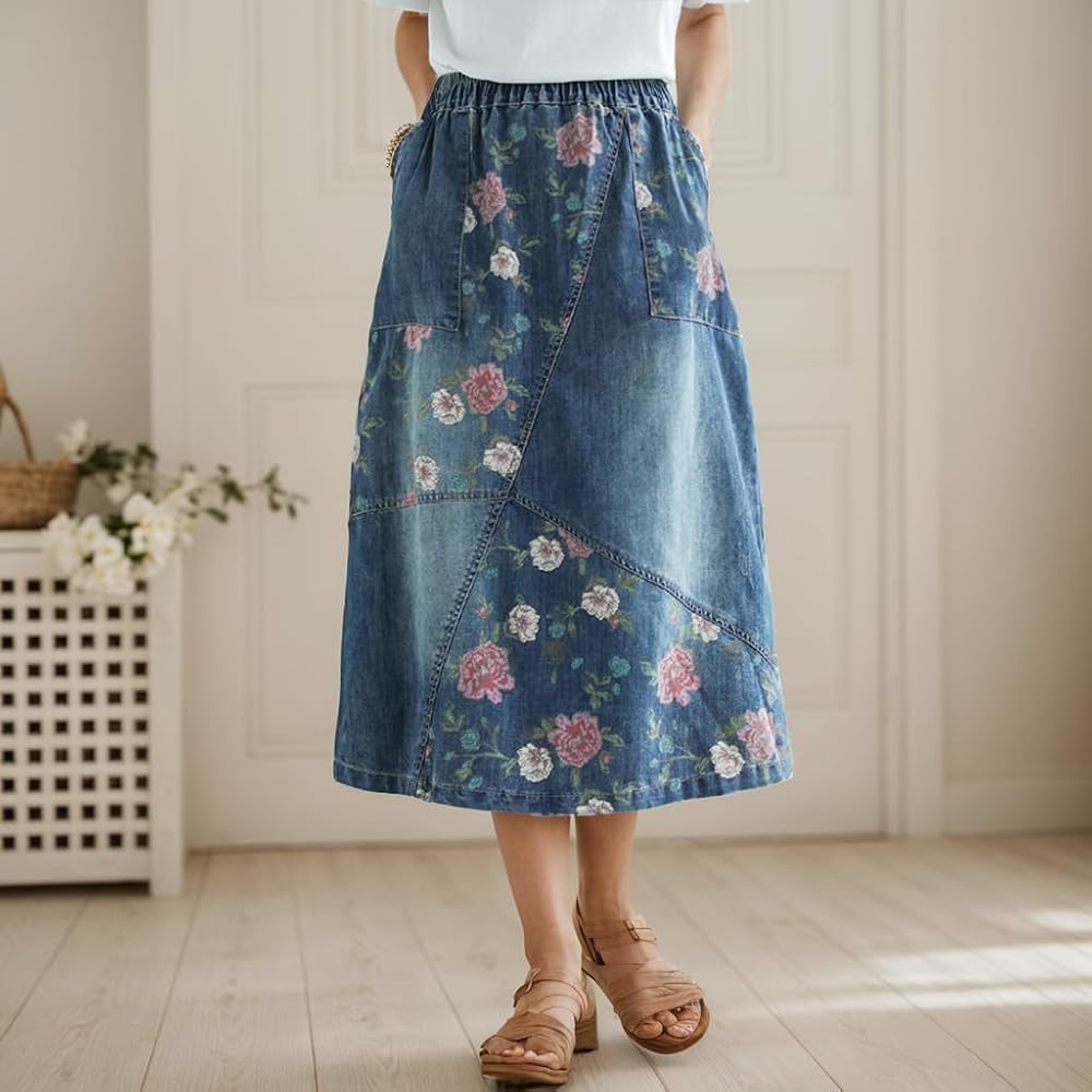 Amazon.com: Womens Floral Print Denim Skirt Knee Length